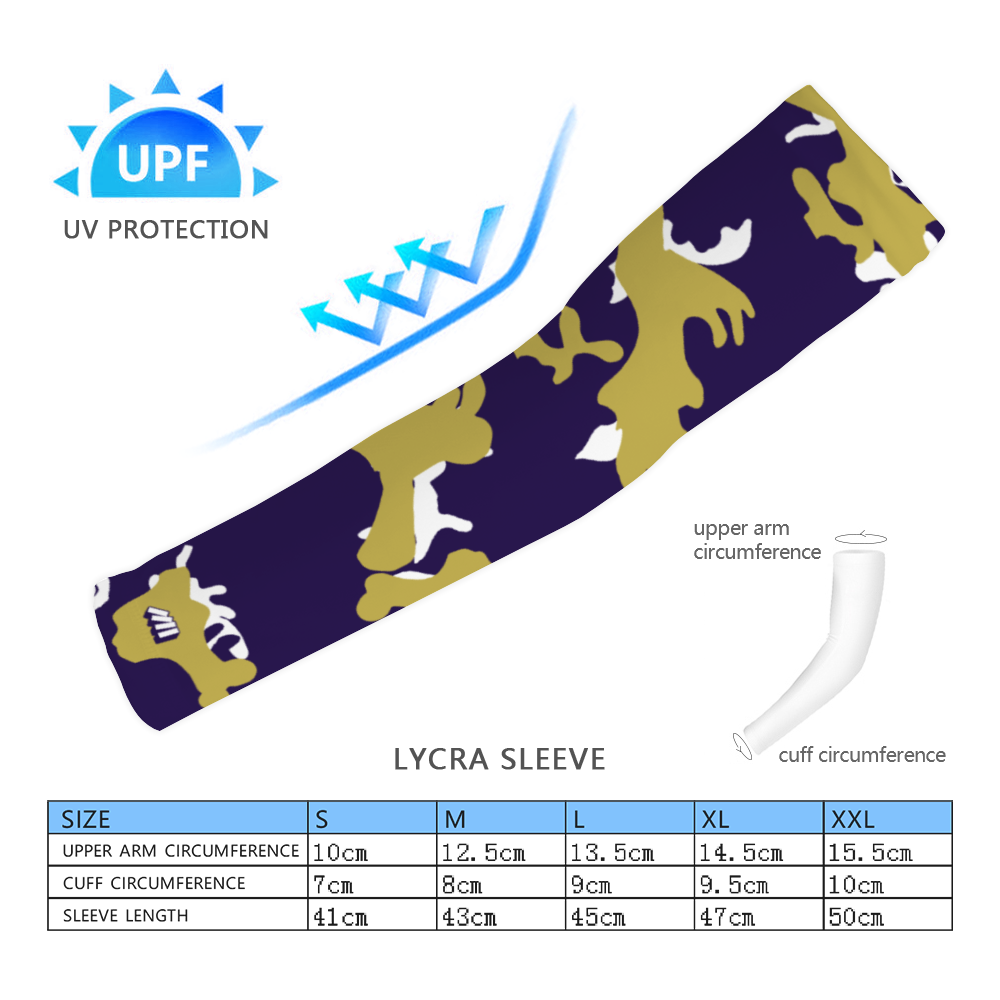 Athletic sports compression arm sleeve for youth and adult football, basketball, baseball, and softball printed with camo purple, gold, white