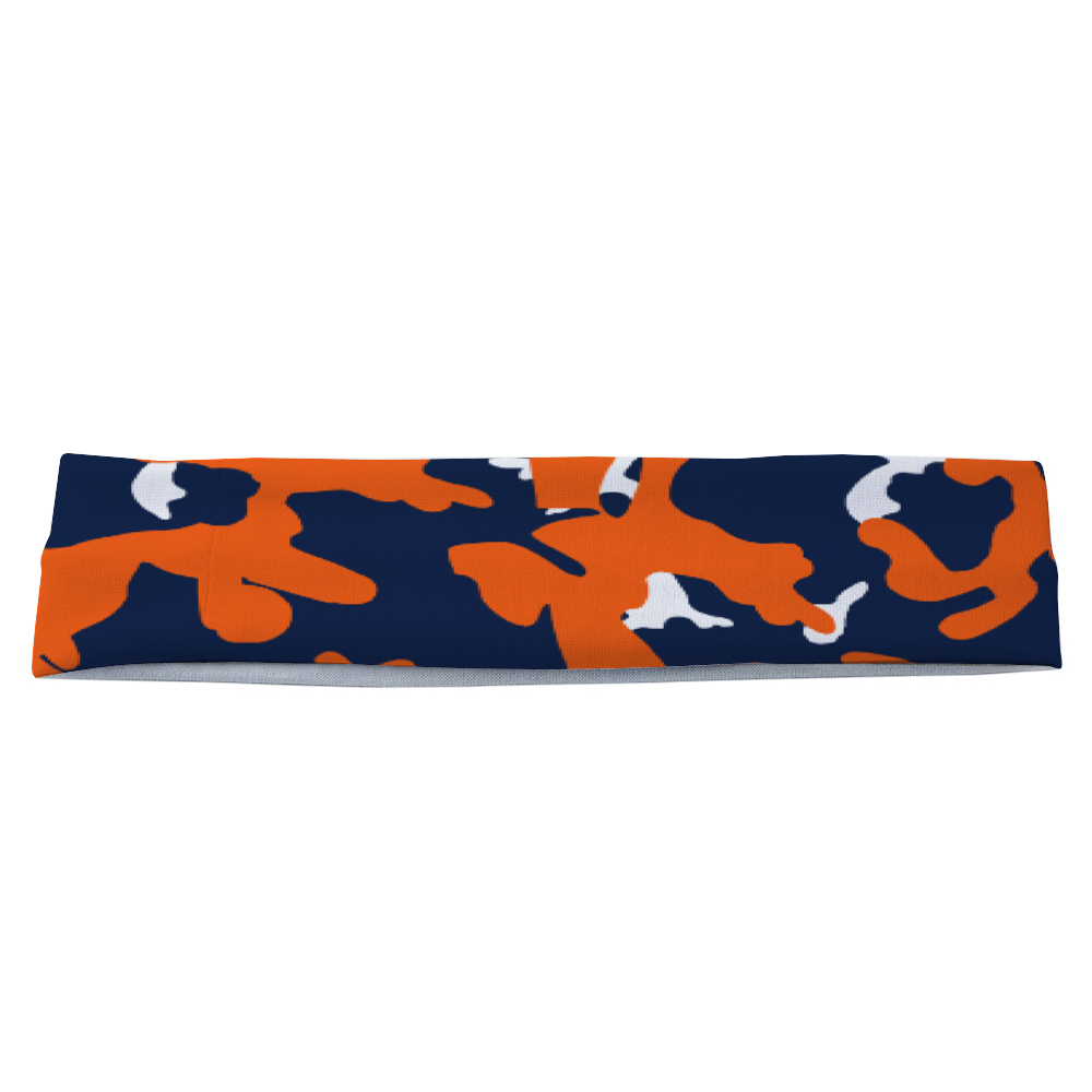 Athletic sports sweatband headband for youth and adult football, basketball, baseball, and softball printed in camo navy blue, orange, white colors