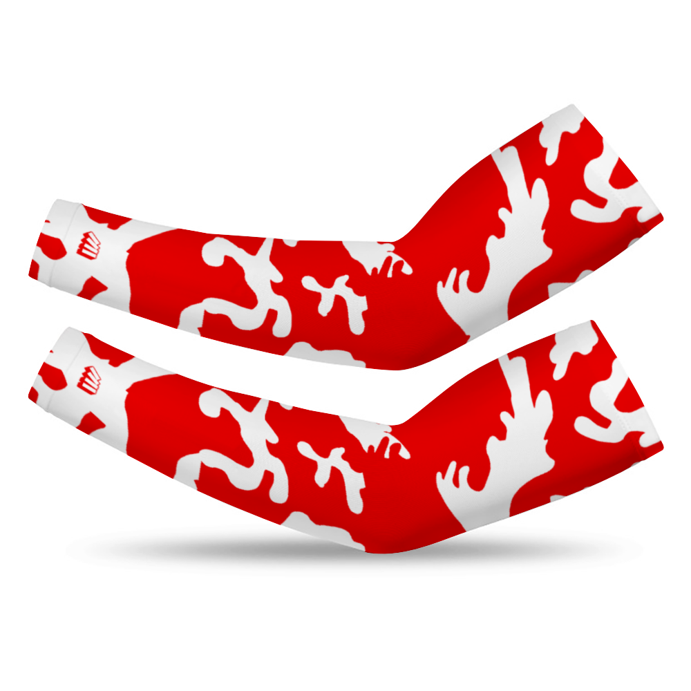 Athletic sports compression arm sleeve for youth and adult football, basketball, baseball, and softball printed with camo red, white