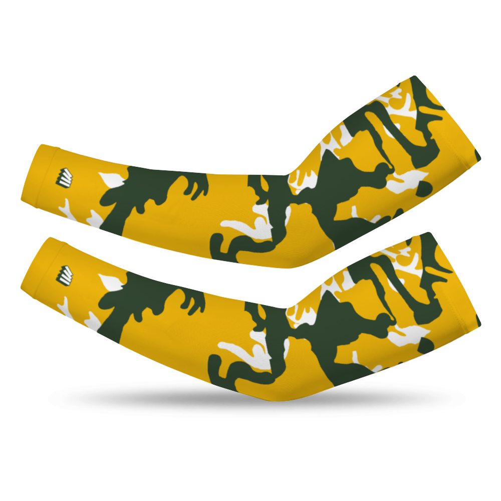Athletic sports compression arm sleeve for youth and adult football, basketball, baseball, and softball printed with camo green, yellow, white