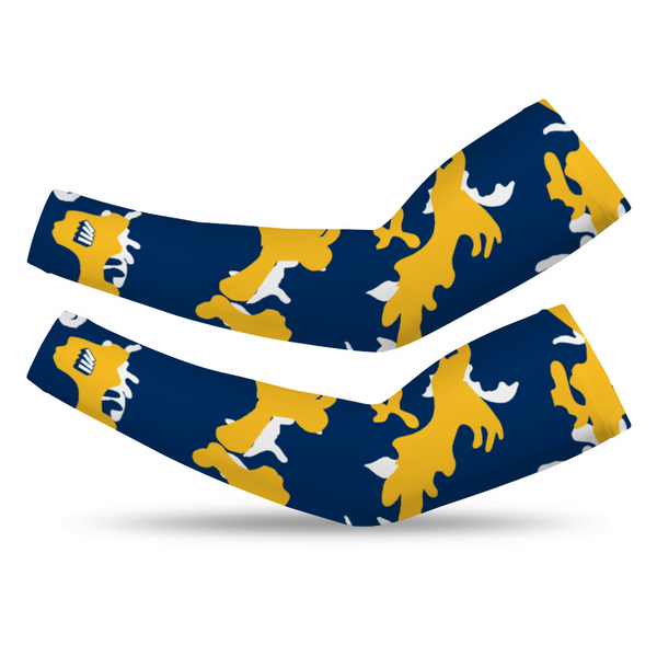 Athletic sports compression arm sleeve for youth and adult football, basketball, baseball, and softball printed with camo navy blue, yellow, white