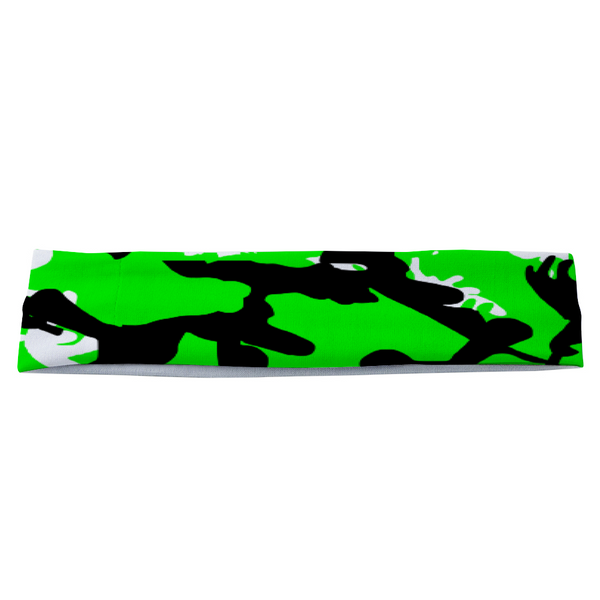Athletic sports sweatband headband for youth and adult football, basketball, baseball, and softball printed with camo neon green, black, and white