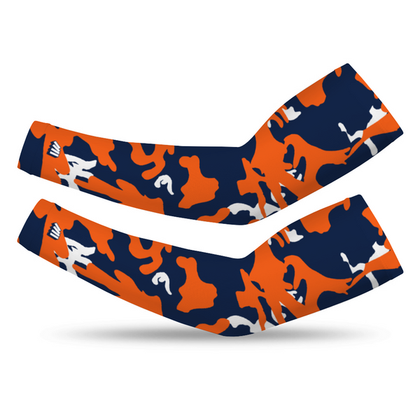 Athletic sports compression arm sleeve for youth and adult football, basketball, baseball, and softball printed with camo navy blue, orange, white
