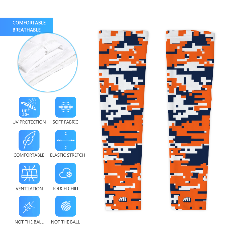 Athletic sports compression arm sleeve for youth and adult football, basketball, baseball, and softball printed with digicamo navy blue, orange, white Auburn Tigers colors