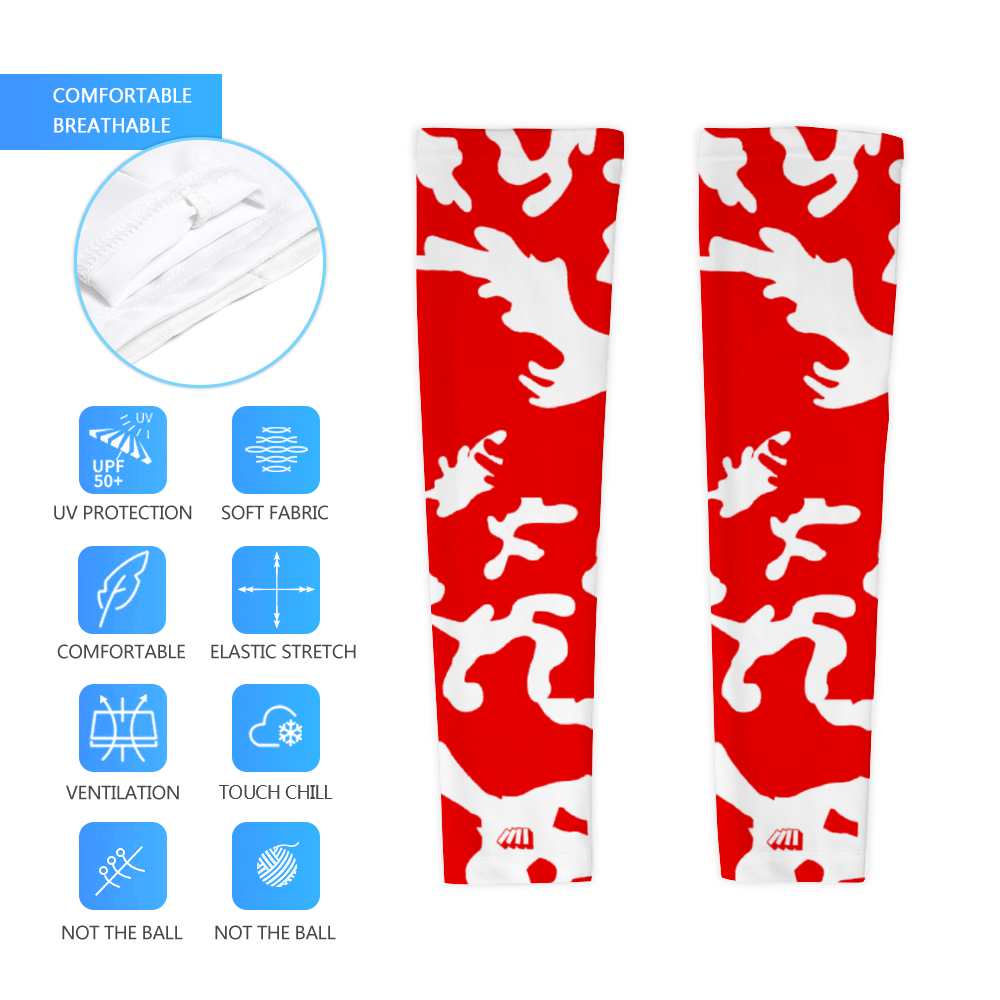 Athletic sports compression arm sleeve for youth and adult football, basketball, baseball, and softball printed with camo red, white