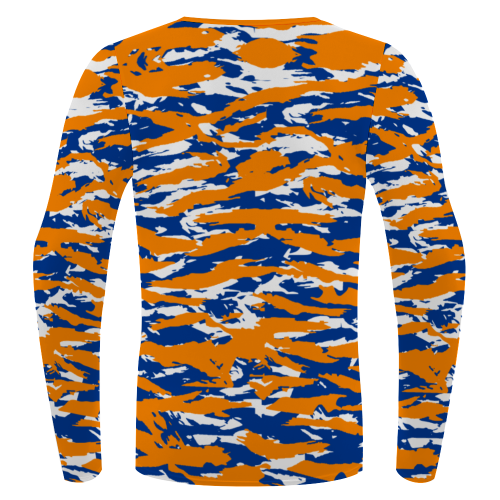Athletic sports performance shirt for youth and adult football, basketball, baseball, softball, practice, training, etc. printed with orange, blue, white colors of the Boise State Broncos