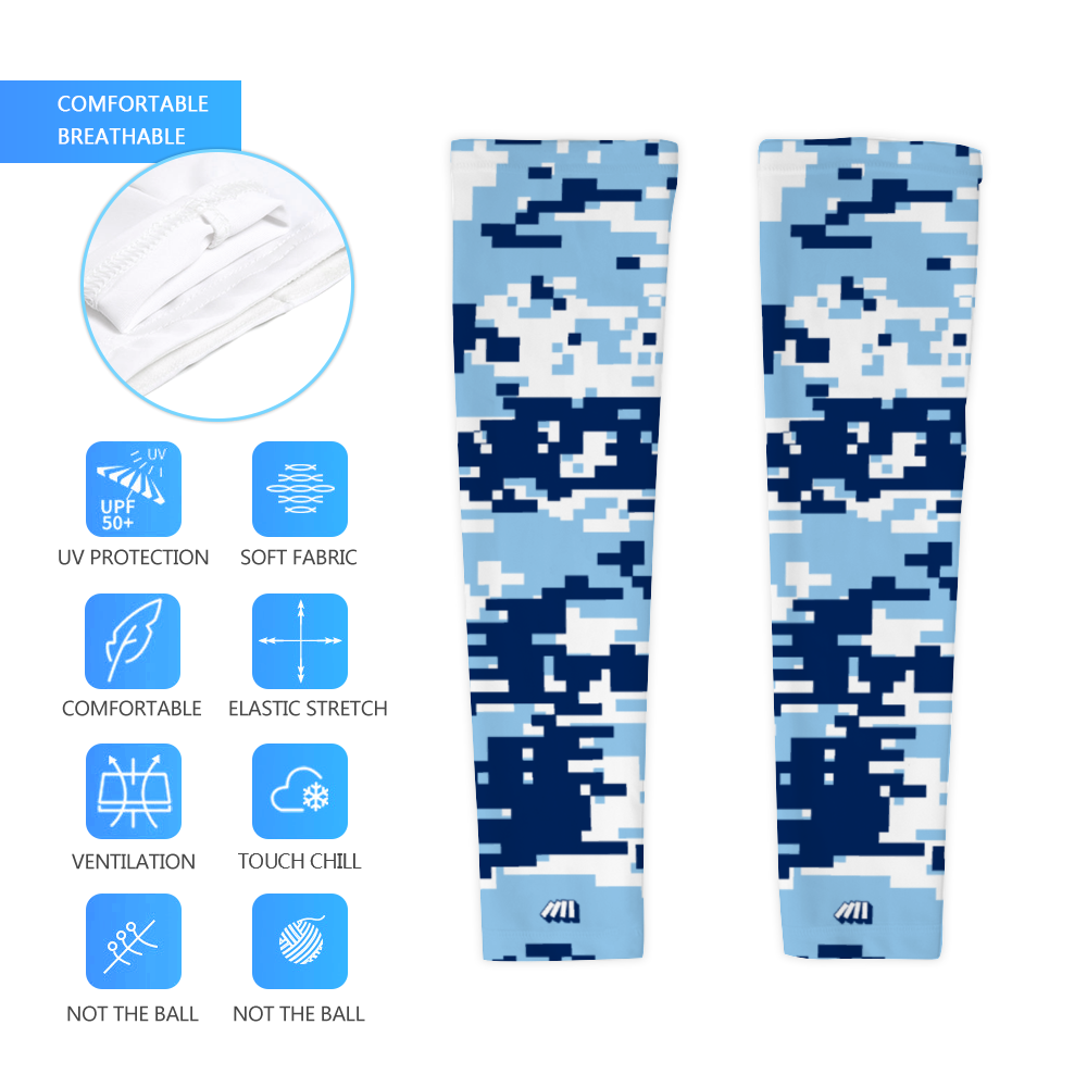 Athletic sports compression arm sleeve for youth and adult football, basketball, baseball, and softball printed with digicamo baby blue, navy blue, white North Carolina Tar Heels colors