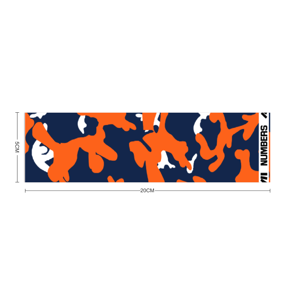 Athletic sports sweatband headband for youth and adult football, basketball, baseball, and softball printed in camo navy blue, orange, white colors