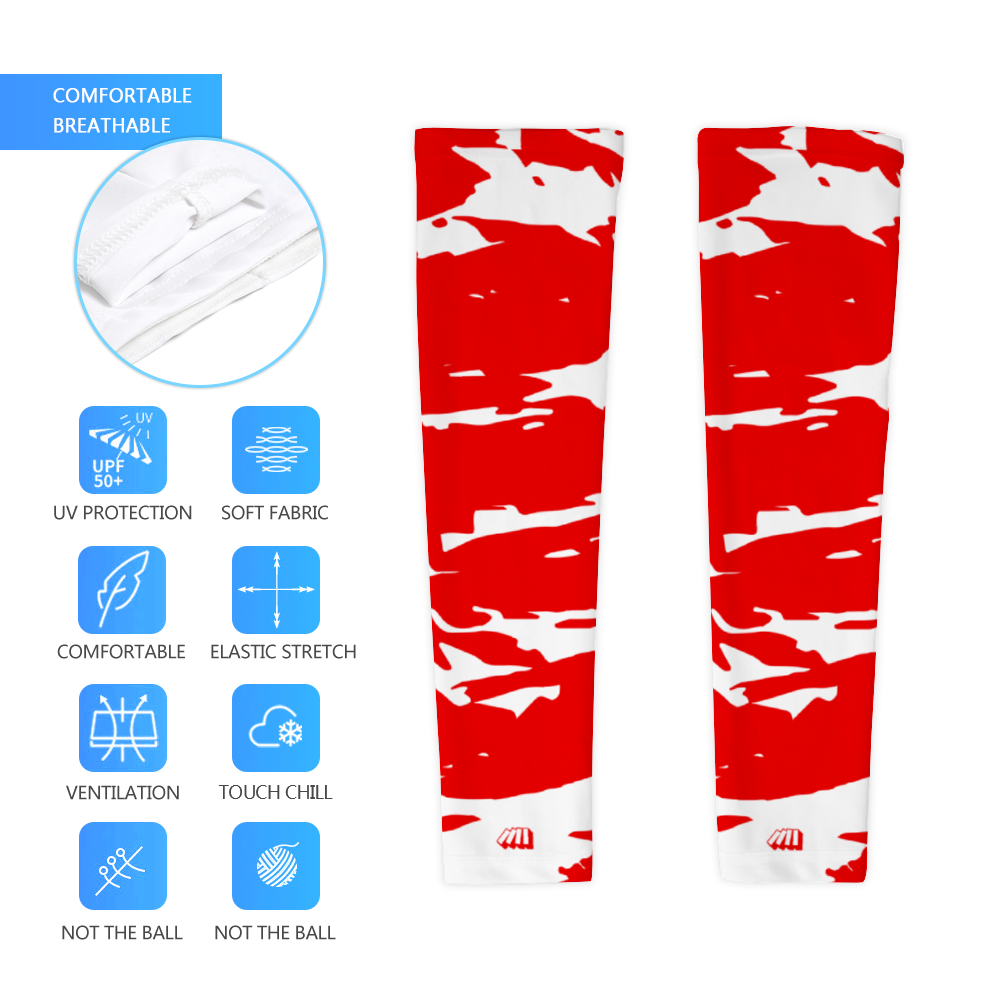 Athletic sports compression arm sleeve for youth and adult football, basketball, baseball, and softball printed with red and white colors. 
