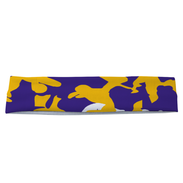 Athletic sports compression arm sleeve for youth and adult football, basketball, baseball, and softball printed with camo purple, yellow, white