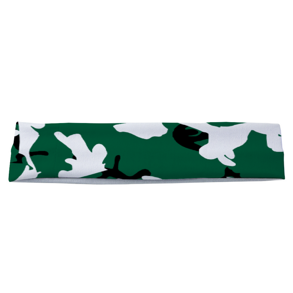 Athletic sports sweatband headband for youth and adult football, basketball, baseball, and softball printed in camo green, black, white colors