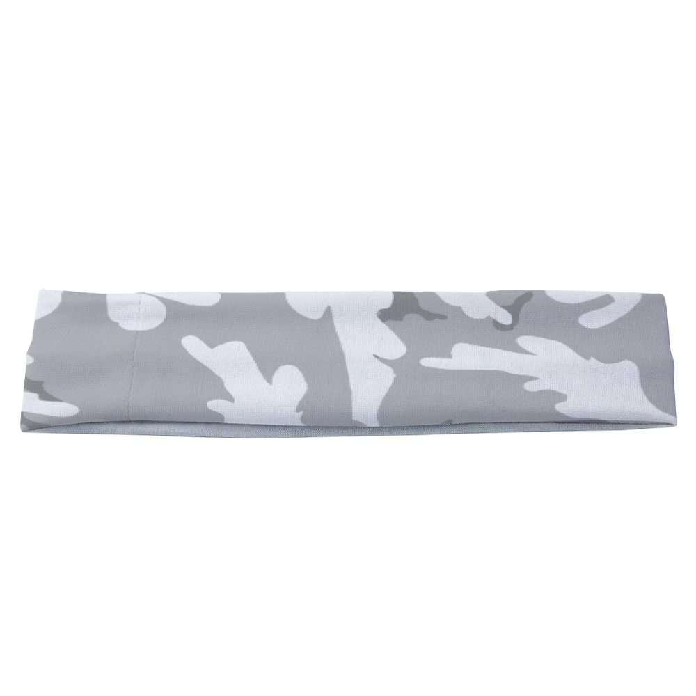 Athletic sports sweatband headband for youth and adult football, basketball, baseball, and softball printed with camo grey and white colors