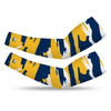 Athletic sports compression arm sleeve for youth and adult football, basketball, baseball, and softball printed with navy blue, yellow, and white colors.