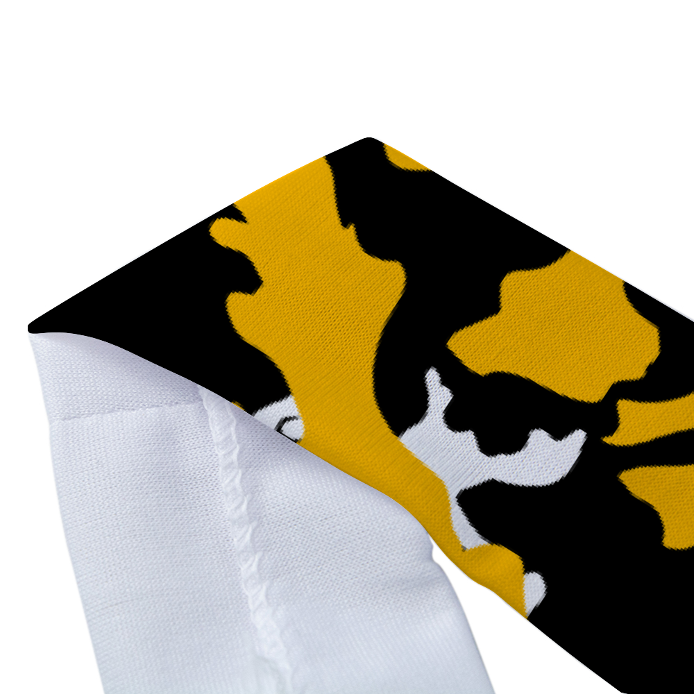 Athletic sports sweatband headband for youth and adult football, basketball, baseball, and softball printed with camo black, yellow, white