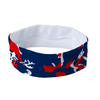 Athletic sports sweatband headband for youth and adult football, basketball, baseball, and softball printed with camo navy blue, red, and white colors. 