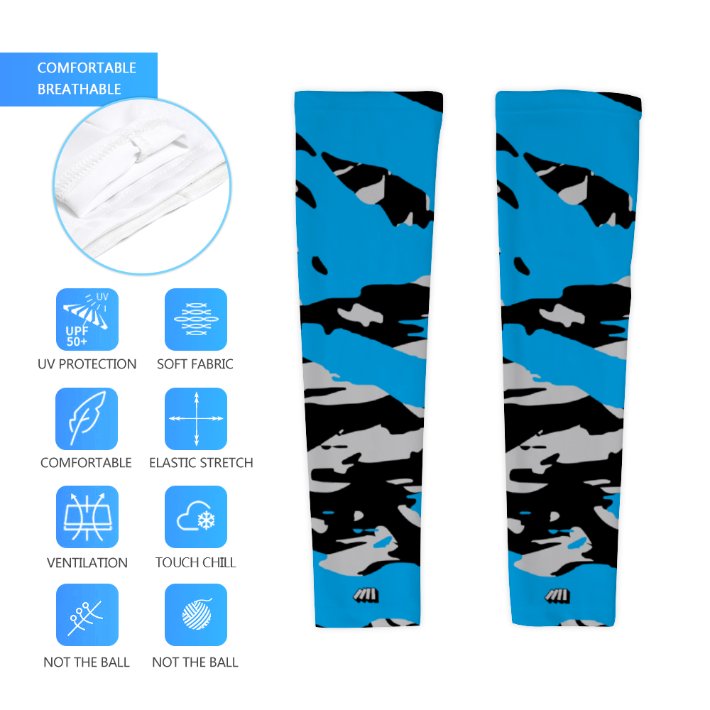 Athletic sports compression arm sleeve for youth and adult football, basketball, baseball, and softball printed with predator blue, gray, and black Carolina Panthers