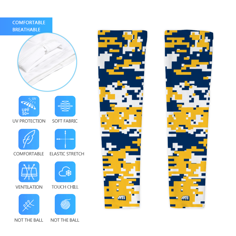 Athletic sports compression arm sleeve for youth and adult football, basketball, baseball, and softball printed with digicamo blue, yellow, white Michigan Wolverines colors