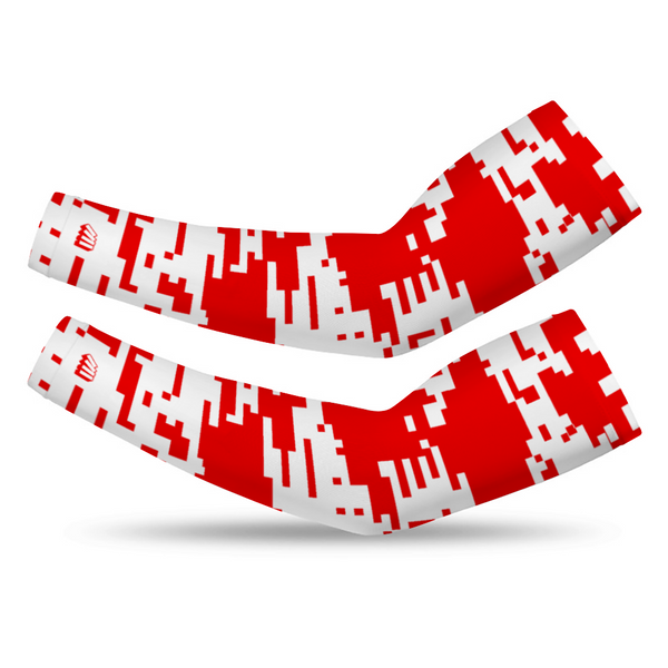 Athletic sports compression arm sleeve for youth and adult football, basketball, baseball, and softball printed with digicamo red and white Houston Rockets colors