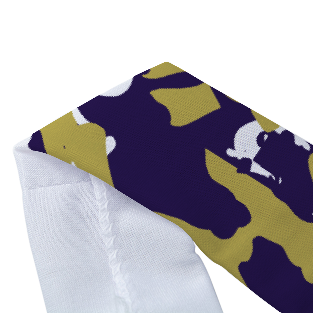 Athletic sports sweatband headband for youth and adult football, basketball, baseball, and softball printed with camo purple, gold, and white