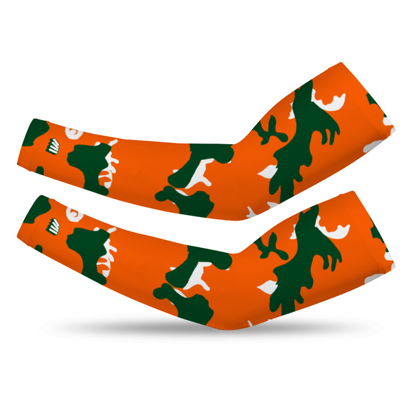 Athletic sports compression arm sleeve for youth and adult football, basketball, baseball, and softball printed with camo green, orange, white