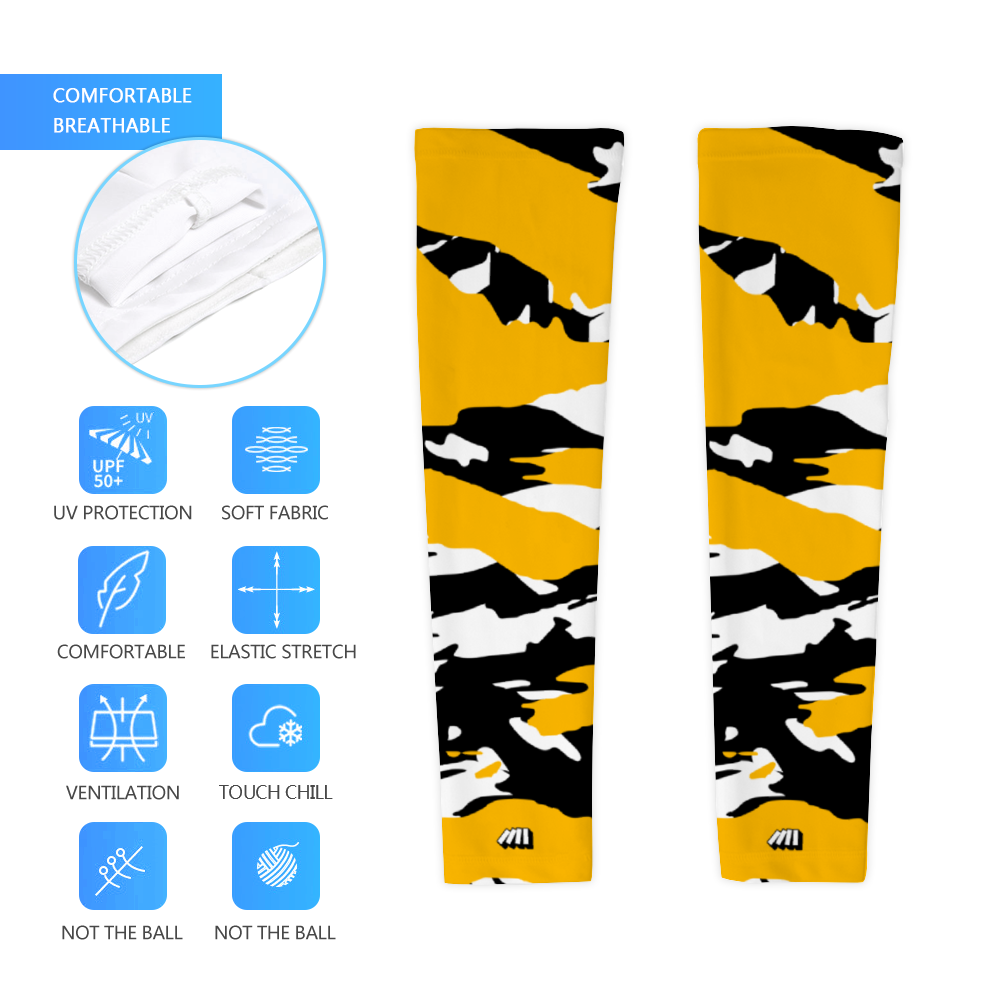Athletic sports compression arm sleeve for youth and adult football, basketball, baseball, and softball printed with black, yellow, and white colors
