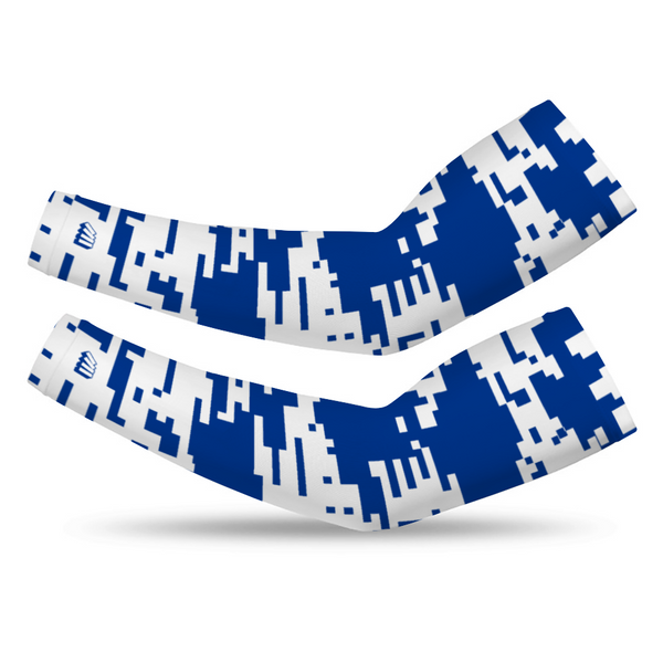 Athletic sports compression arm sleeve for youth and adult football, basketball, baseball, and softball printed with digicamo blue, white Indianapolis Colts colors