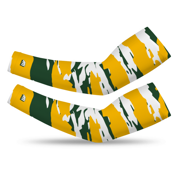 Athletic sports compression arm sleeve for youth and adult football, basketball, baseball, and softball printed with camo blue, yellow, white Green Bay Packers