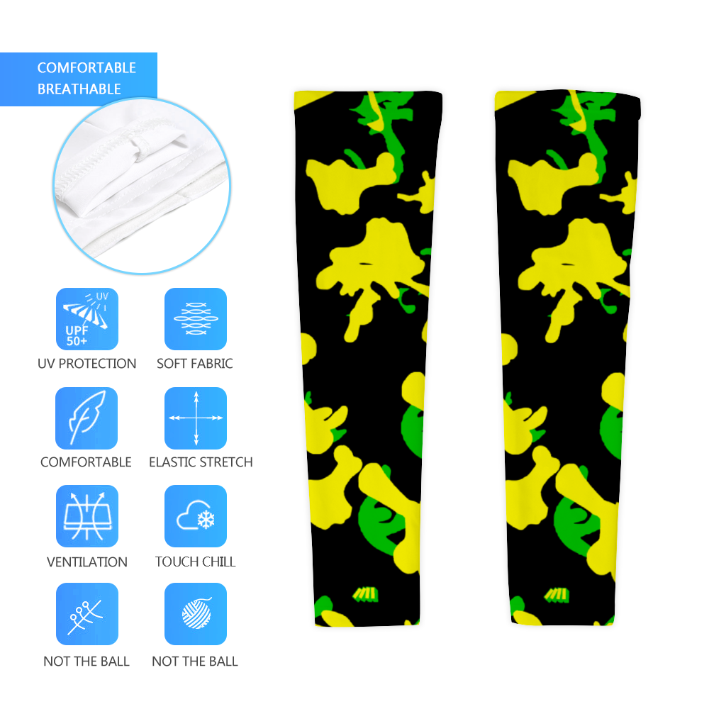 Athletic sports compression arm sleeve for youth and adult football, basketball, baseball, and softball printed with camo fluorescent green, yellow, black