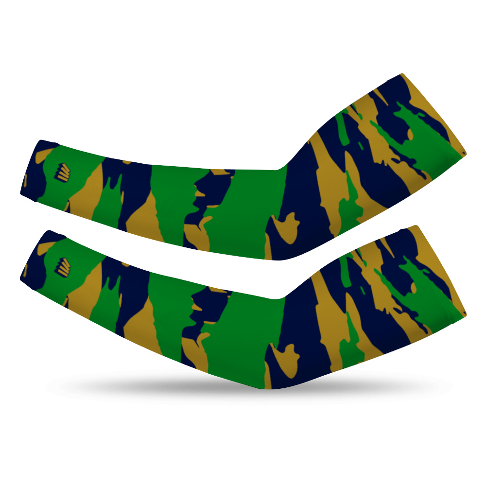 Athletic sports compression arm sleeve for youth and adult football, basketball, baseball, and softball printed with green, navy blue, and gold colors.