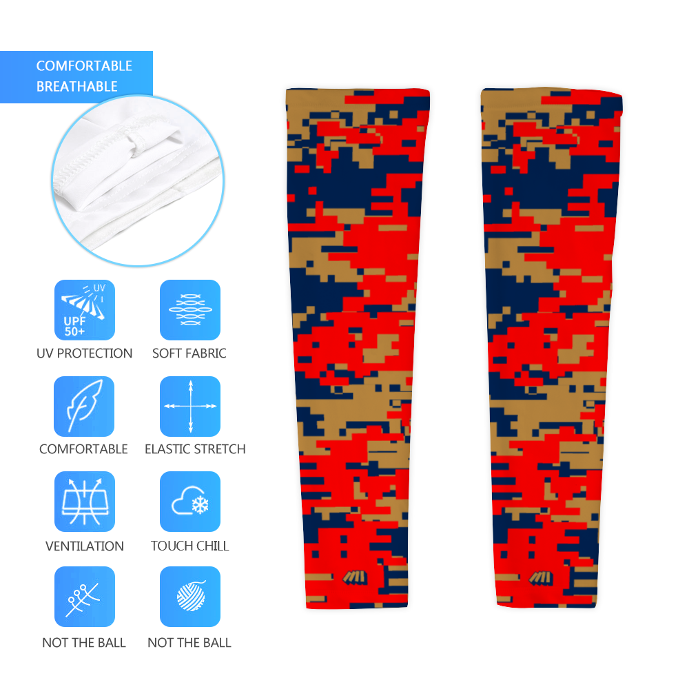 Athletic sports compression arm sleeve for youth and adult football, basketball, baseball, and softball printed with digicamo blue, red, gold New Orleans Pelicans colors