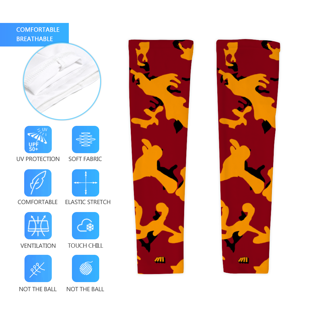 Athletic sports compression arm sleeve for youth and adult football, basketball, baseball, and softball printed with camo maroon, yellow, black
