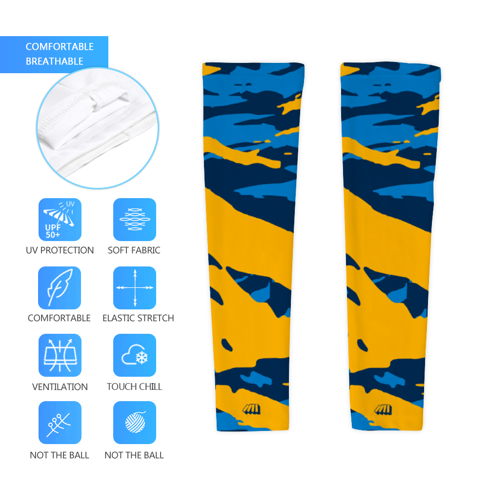 Athletic sports compression arm sleeve for youth and adult football, basketball, baseball, and softball printed with navy blue, baby blue, and yellow San Diego Chargers