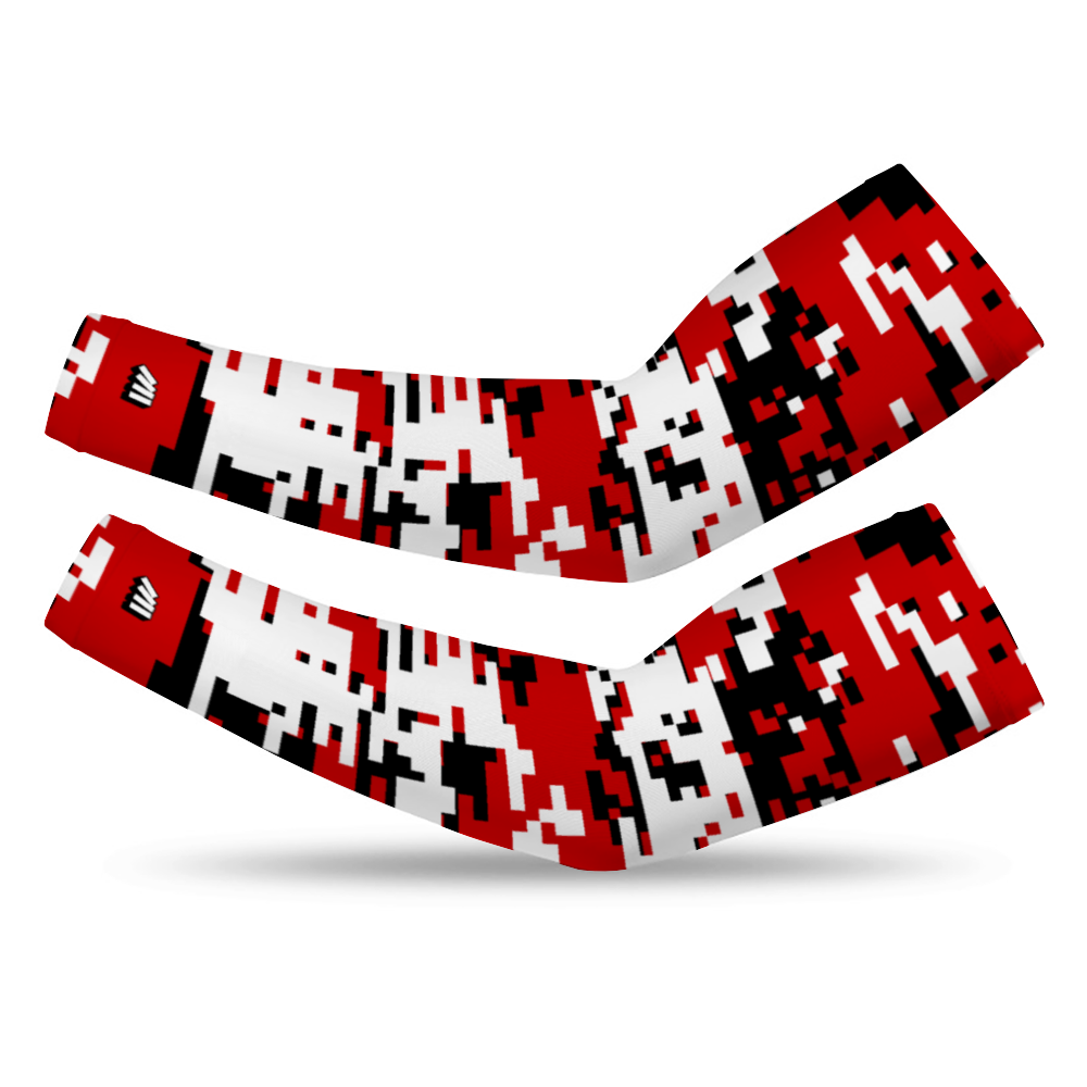 Athletic sports compression arm sleeve for youth and adult football, basketball, baseball, and softball printed with digicamo red, black, white Utah Utes colors