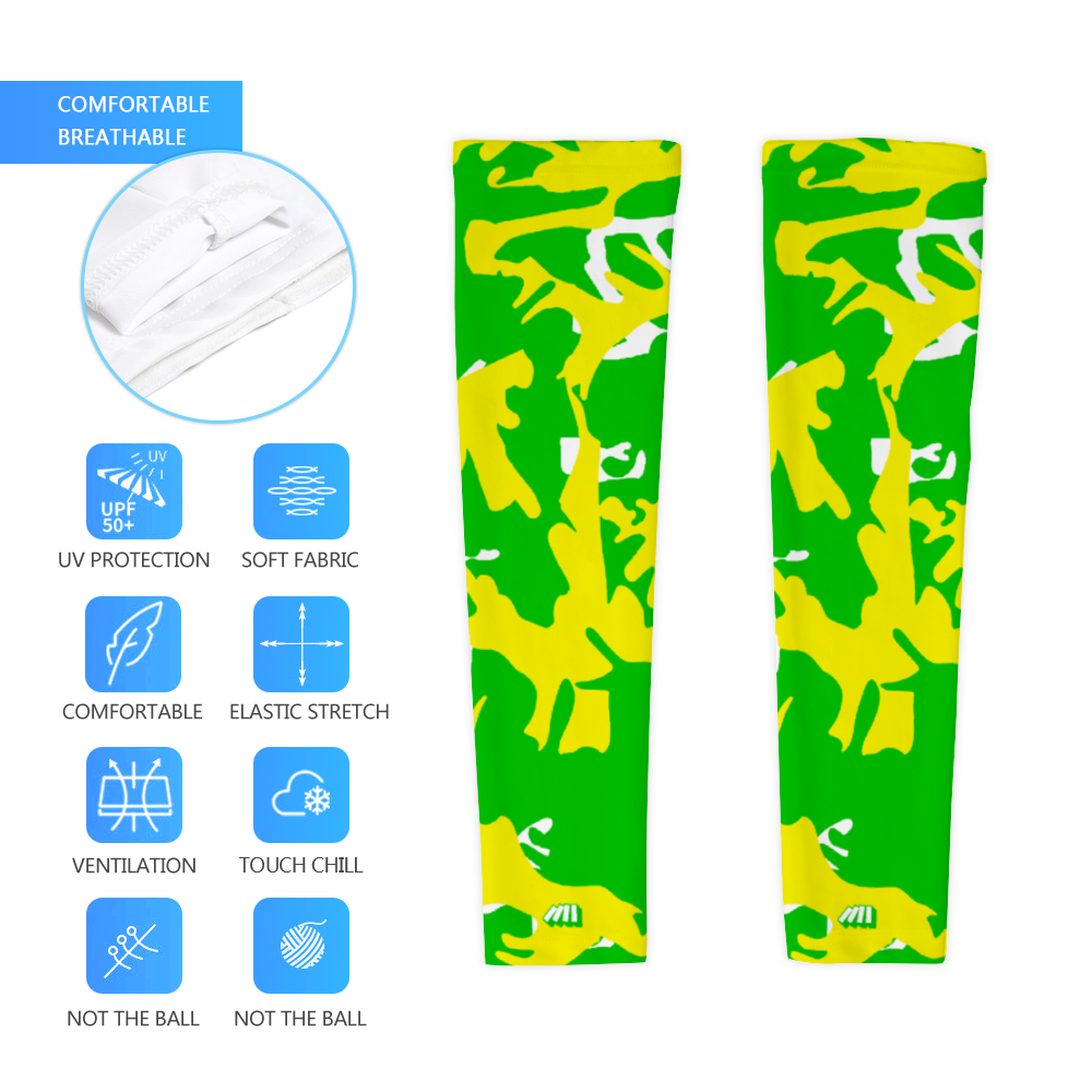 Athletic sports compression arm sleeve for youth and adult football, basketball, baseball, and softball printed with camo neon green, yellow, white