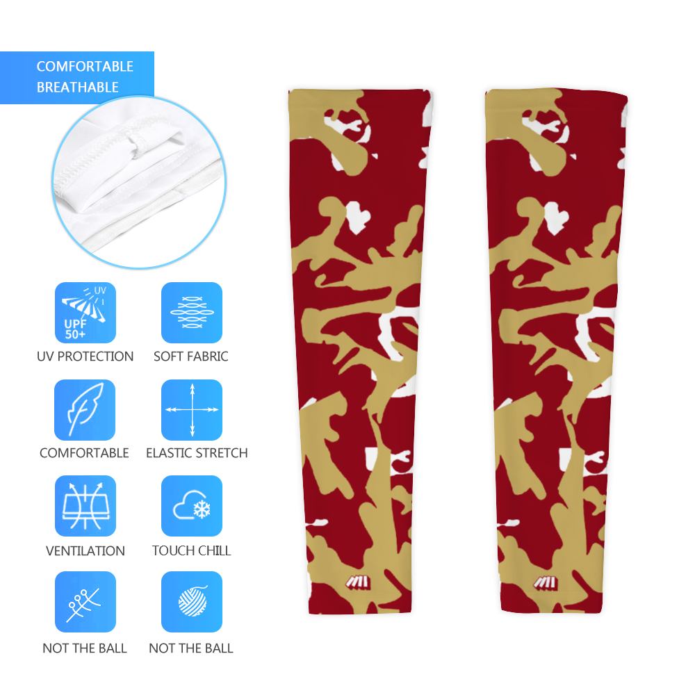 Athletic sports compression arm sleeve for youth and adult football, basketball, baseball, and softball printed with camo maroon, gold, white