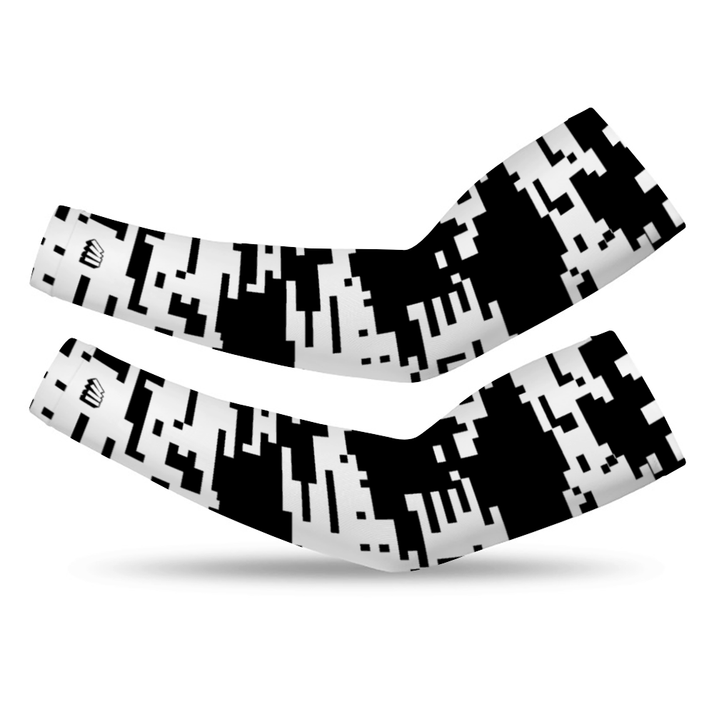 Athletic sports compression arm sleeve for youth and adult football, basketball, baseball, and softball printed with digicamo black and white Brooklyn Nets colors