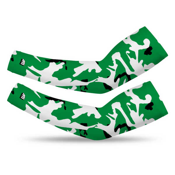 Athletic sports compression arm sleeve for youth and adult football, basketball, baseball, and softball printed with camo green, black, white
