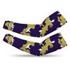 Athletic sports compression arm sleeve for youth and adult football, basketball, baseball, and softball printed with camo purple, gold, white