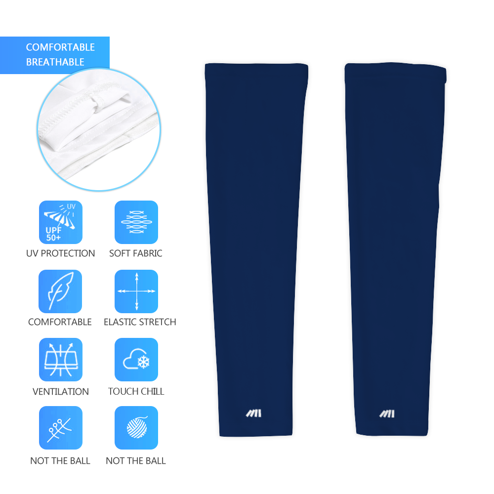 Athletic sports compression arm sleeve for youth and adult football, basketball, baseball, and softball printed in the color navy blue