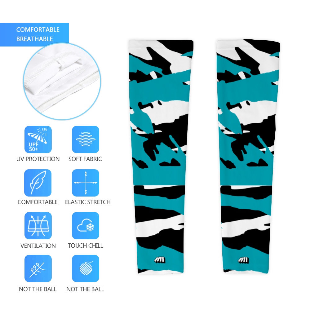 Athletic sports compression arm sleeve for youth and adult football, basketball, baseball, and softball printed with aqua, black, and white Florida Marlins