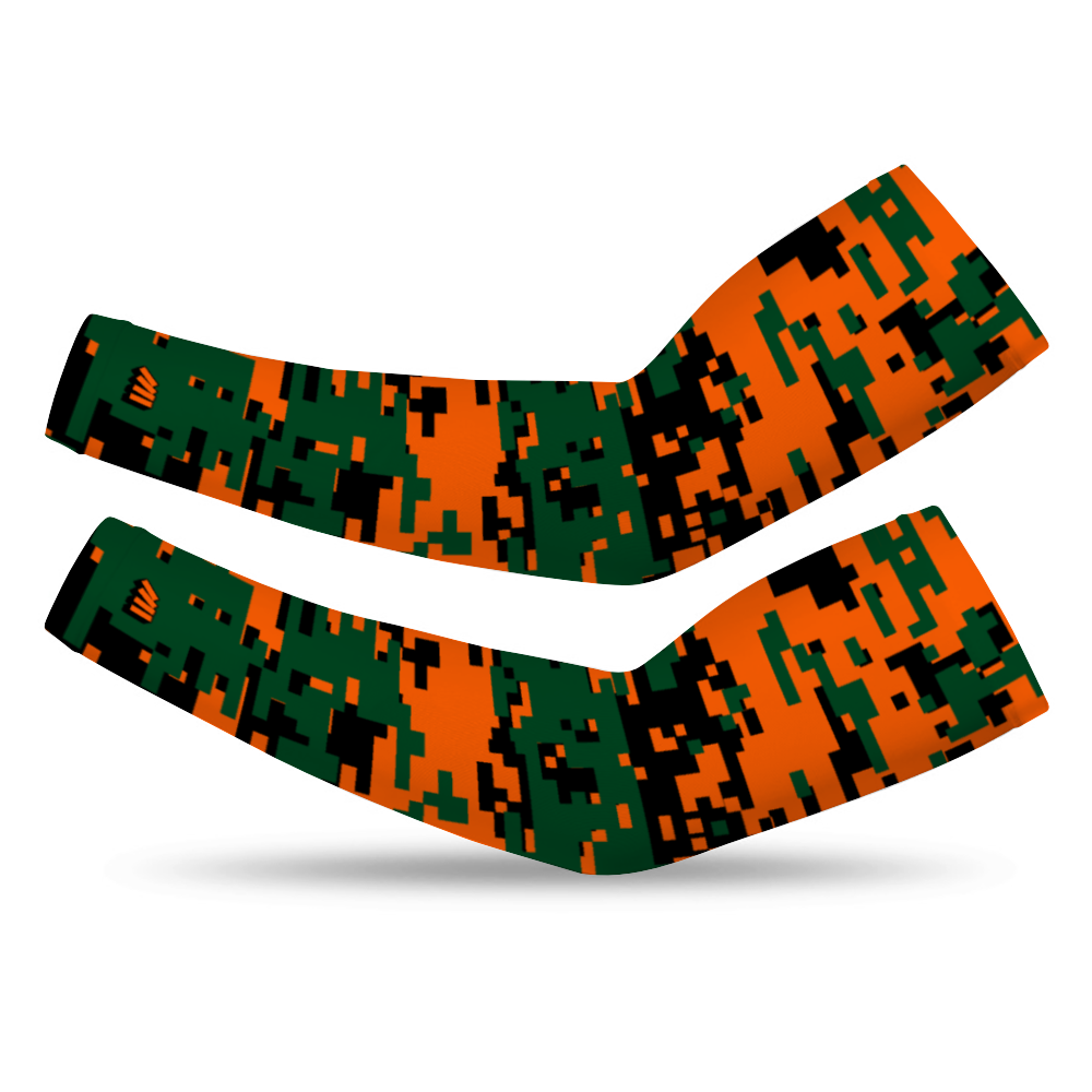 Athletic sports compression arm sleeve for youth and adult football, basketball, baseball, and softball printed with digicamo green, orange, black in Miami Hurricanes color