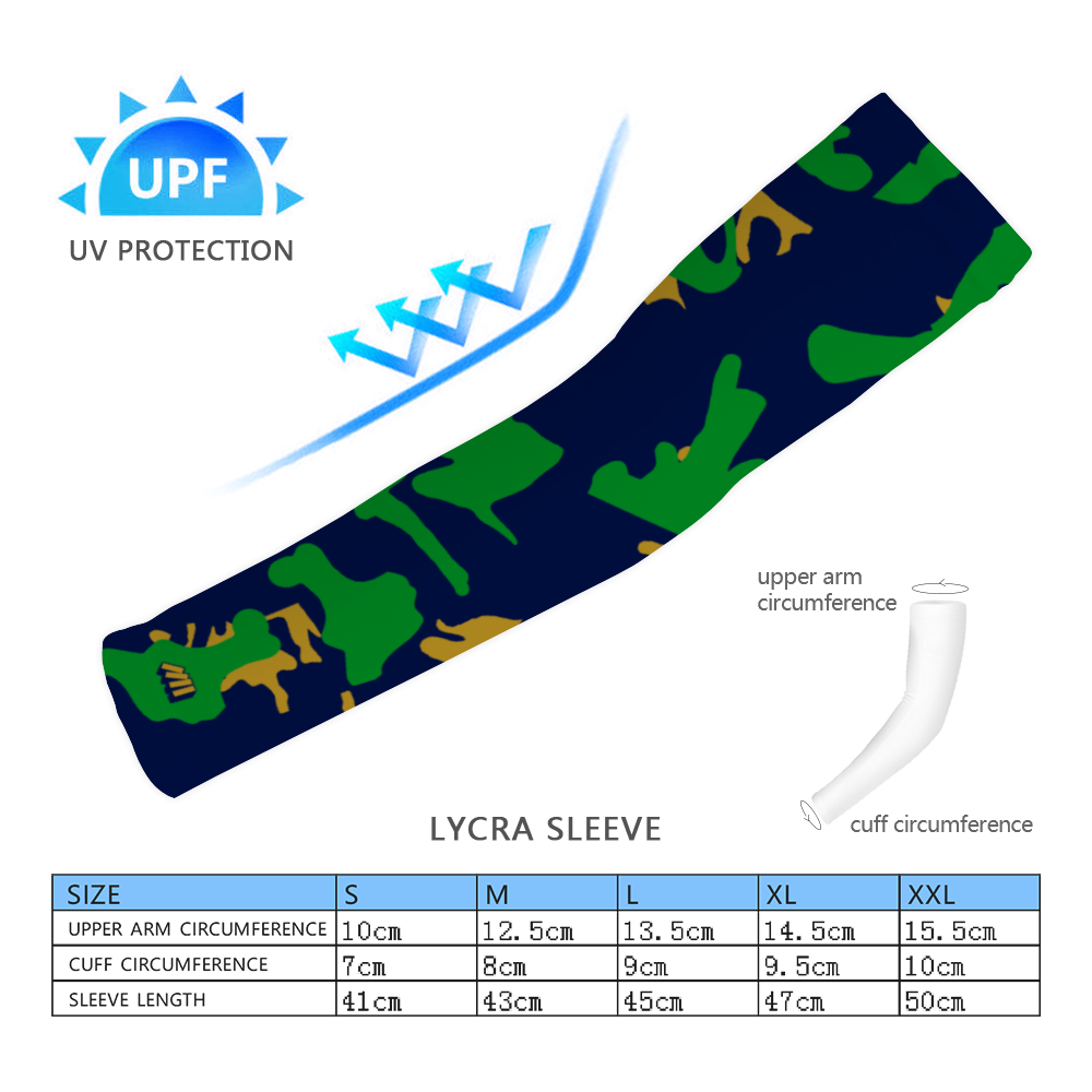 Athletic sports compression arm sleeve for youth and adult football, basketball, baseball, and softball printed with camo green, navy blue, gold