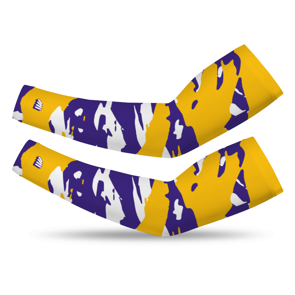 Athletic sports compression arm sleeve for youth and adult football, basketball, baseball, and softball printed with  purple, yellow, and white LSU Tiger