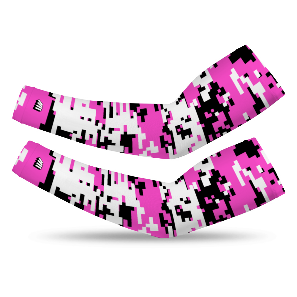 Athletic sports compression arm sleeve for youth and adult football, basketball, baseball, and softball printed with digicamo pink, white, black breast cancer awareness colors