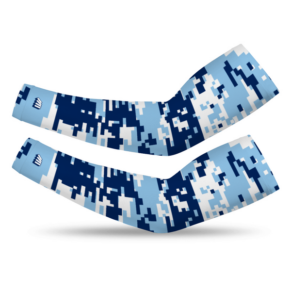 Athletic sports compression arm sleeve for youth and adult football, basketball, baseball, and softball printed with digicamo baby blue, navy blue, white UNC Tar Heels colors