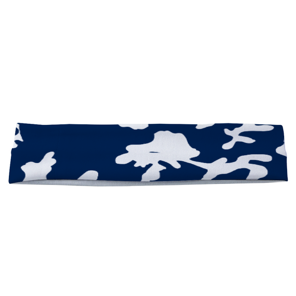 Athletic sports sweatband headband for youth and adult football, basketball, baseball, and softball printed in camo navy blue and white colors