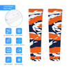 Athletic sports compression arm sleeve for youth and adult football, basketball, baseball, and softball printed with navy blue, orange, and white colors Denver Broncos. 