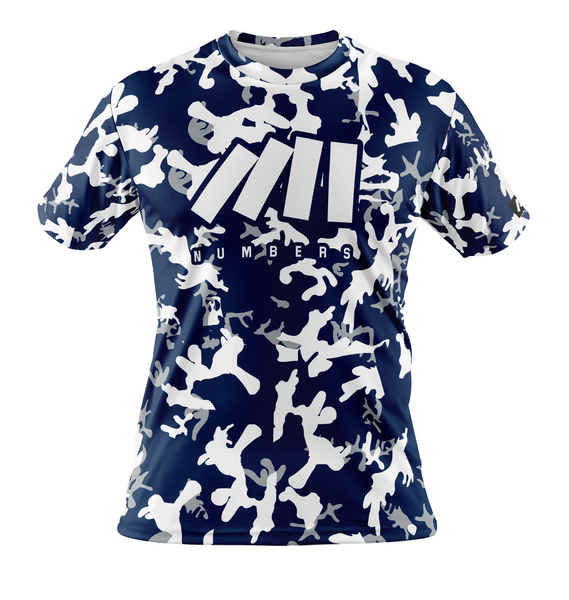 Athletic sports performance shirt for youth and adult football, basketball, baseball, softball, practice, training, etc. printed with camouflage blue, white, gray colors