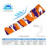 Athletic sports compression arm sleeve for youth and adult football, basketball, baseball, and softball printed with orange, purple, and white colors.
