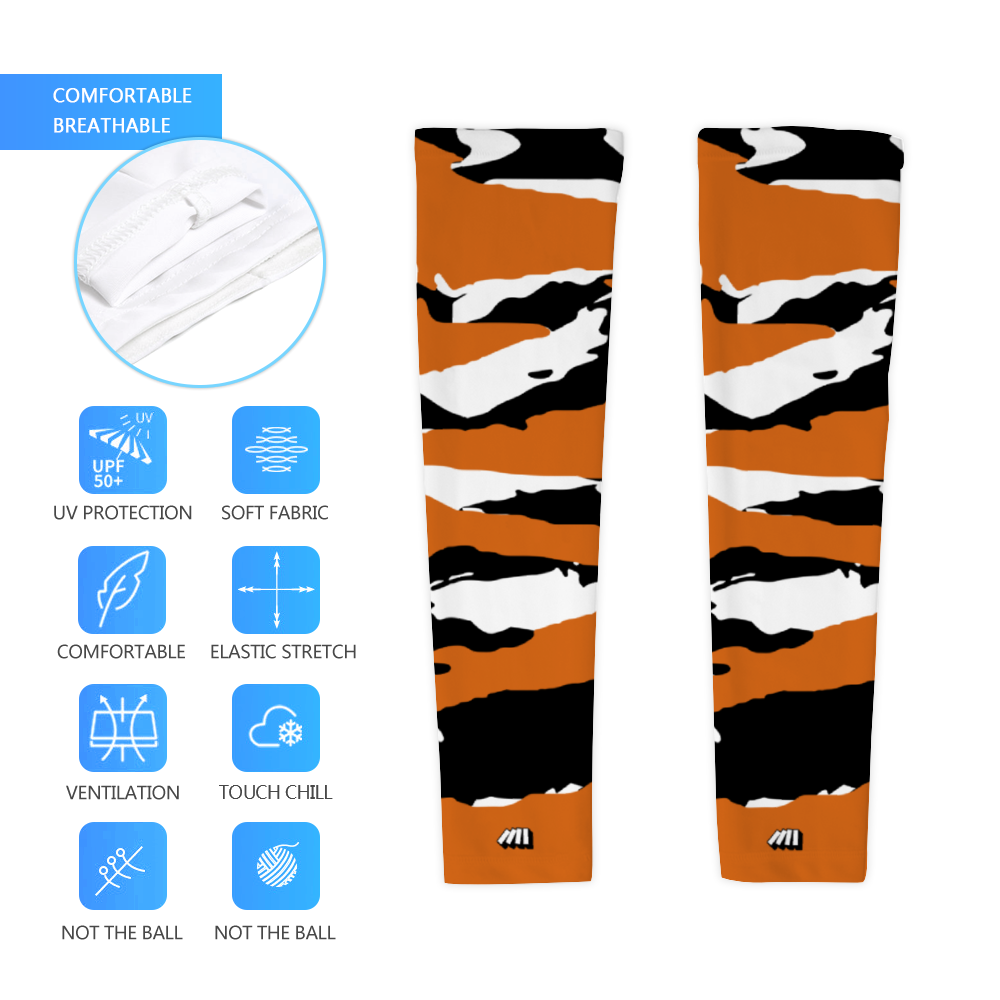 Athletic sports compression arm sleeve for youth and adult football, basketball, baseball, and softball printed with burnt orange, black, and white colors Texas Longhorns. 